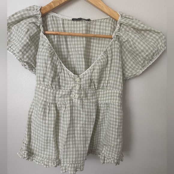 Brandy Melville Tops - Brandy Melville Blair Top Sage Green White Gingham Puff women’s 100% Linen OS